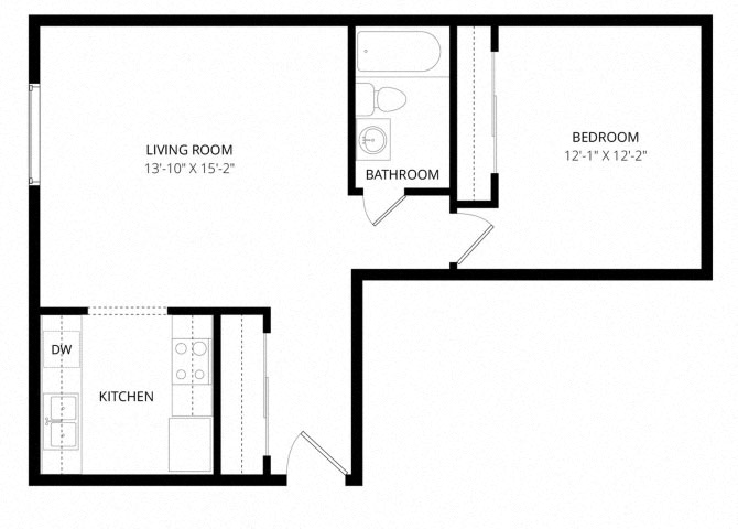 Floor plan for 1 bed, 1 bath, 675 sqft